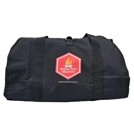 Product photo of black "Wood You Believe" branded wood carry bag.