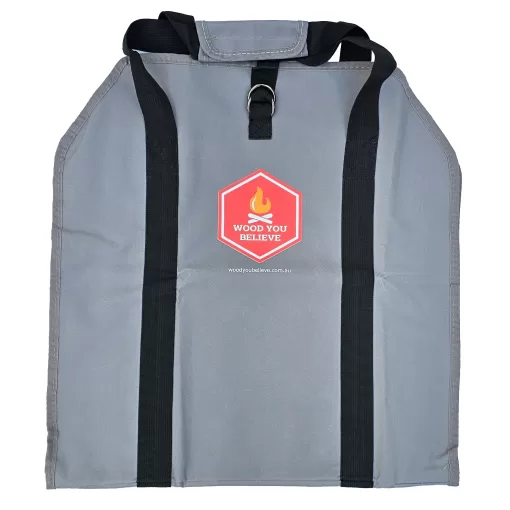 Product photo of grey "Wood You Believe" branded wood carry bag.